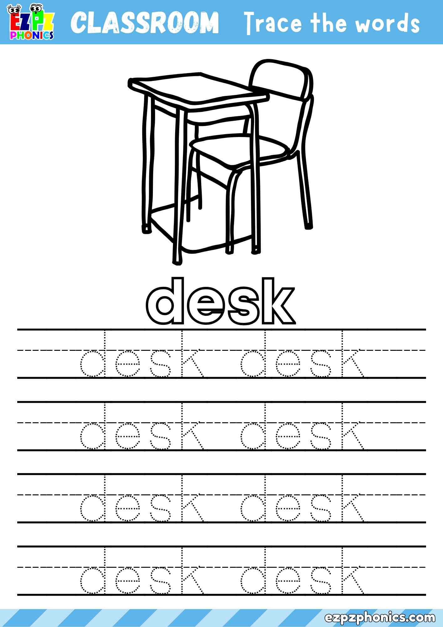 Desk - Classroom Objects Vocabulary Word Tracing Activity - Color the Desk and Trace the Word Desk (Free PDF Download)